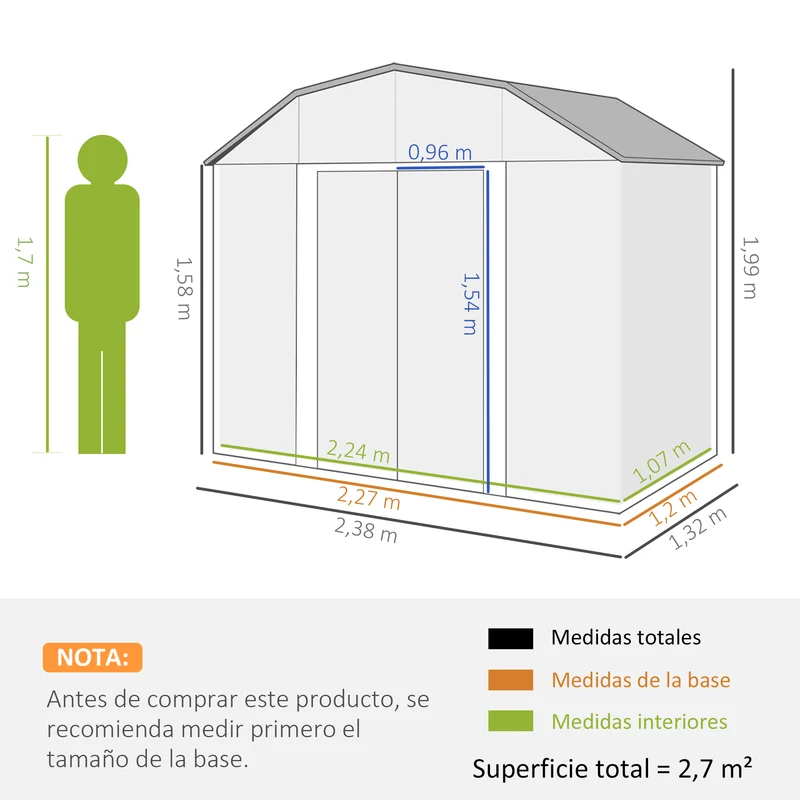 Outsunny Cobertizo De Jardín Exterior 2,7 M² 238x132x198,5 Cm Con Base Gris