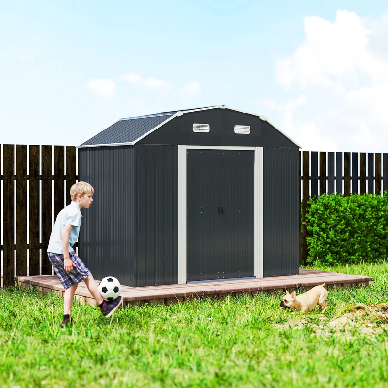 Outsunny Cobertizo De Jardín Exterior 2,7 M² 238x132x198,5 Cm Con Base Gris