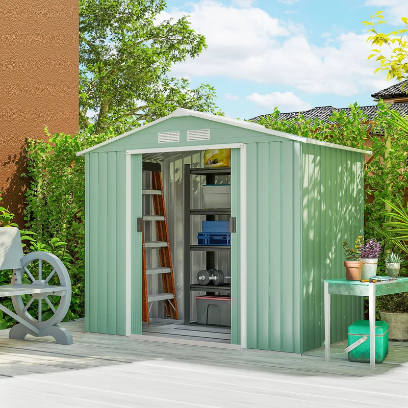 Outsunny Caseta De Jardín 213x130x185 Cm Con 2 Puertas Correderas Y 4 Ventanas