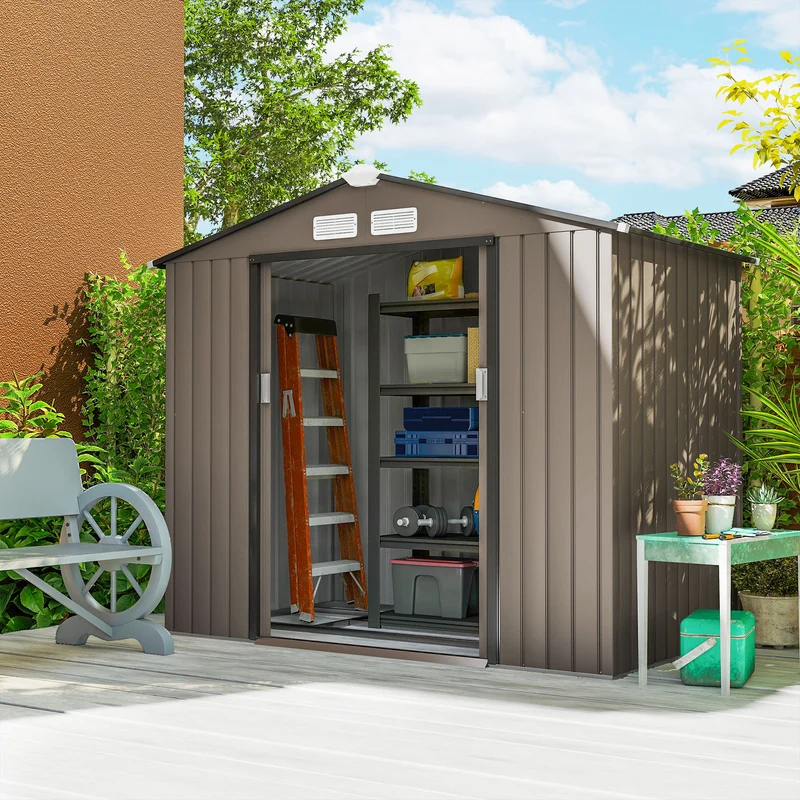 Outsunny Cobertizo De Jardín Base Sin Suelo 213x130x185 Cm Con 2 Puertas Marrón