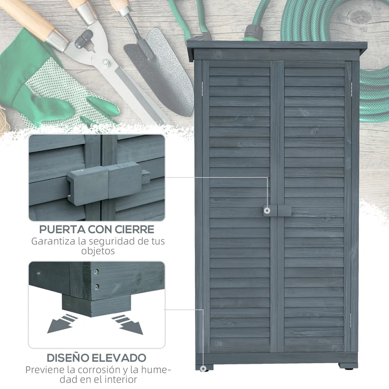 Outsunny Cobertizo De Madera 0,31 M² Con 2 Puertas Y 2 Estantes Gris
