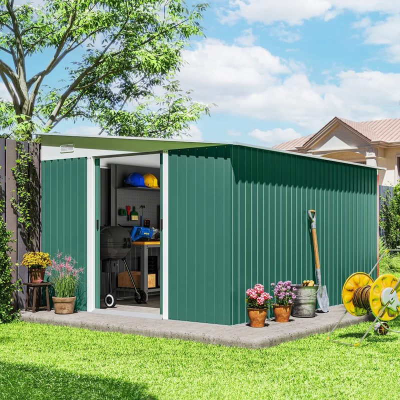 Outsunny Cobertizo De Jardín Exterior 8,9 M² 280x345x201 Cm Con 2 Puertas Verde