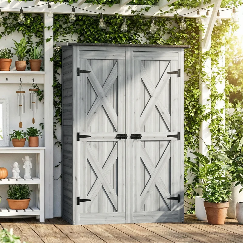 Outsunny Caseta De Jardín De Madera 115x53x156 Cm Con 2 Estantes Y 2 Puertas