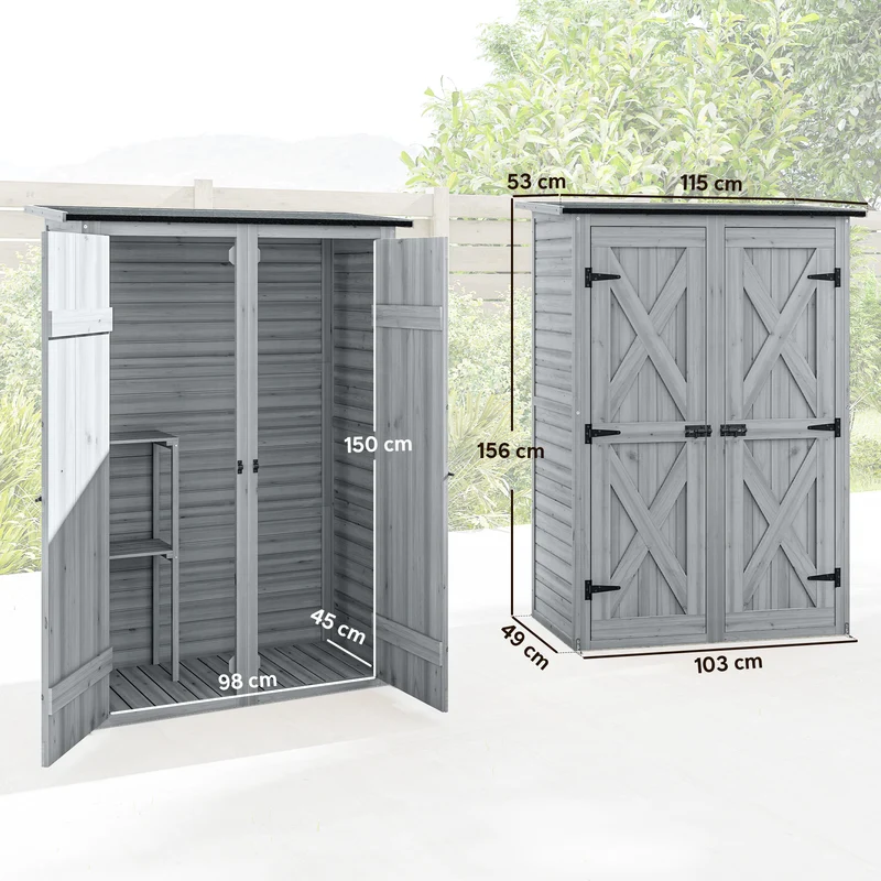 Outsunny Caseta De Jardín De Madera 115x53x156 Cm Con 2 Estantes Y 2 Puertas