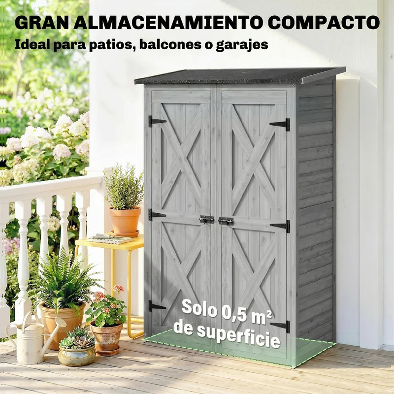 Outsunny Caseta De Jardín De Madera 115x53x156 Cm Con 2 Estantes Y 2 Puertas