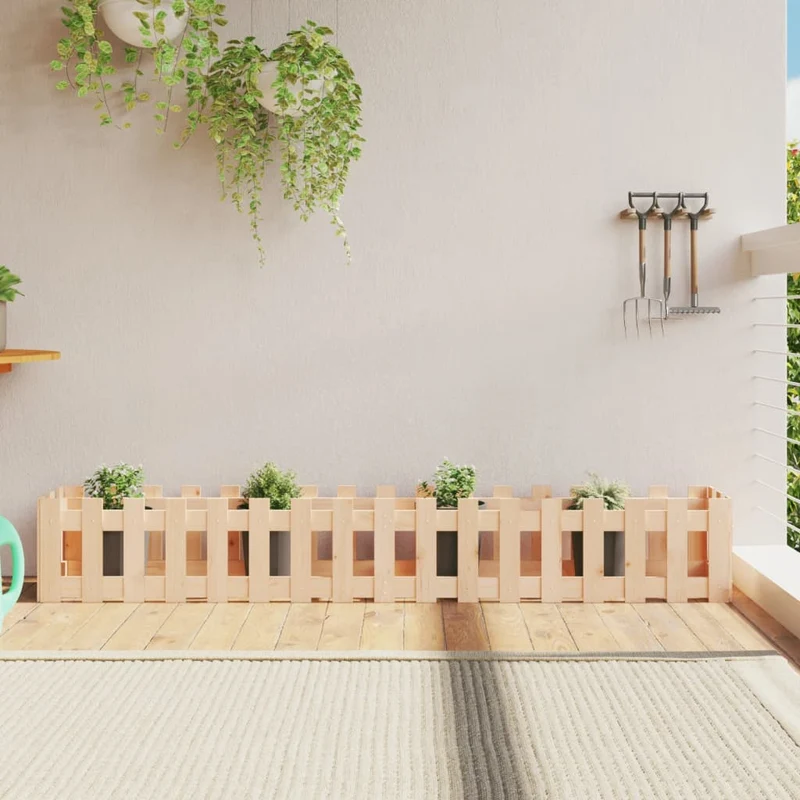 Arriate Elevado Jardín Con Valla Madera Maciza Pino 200x30x30cm
