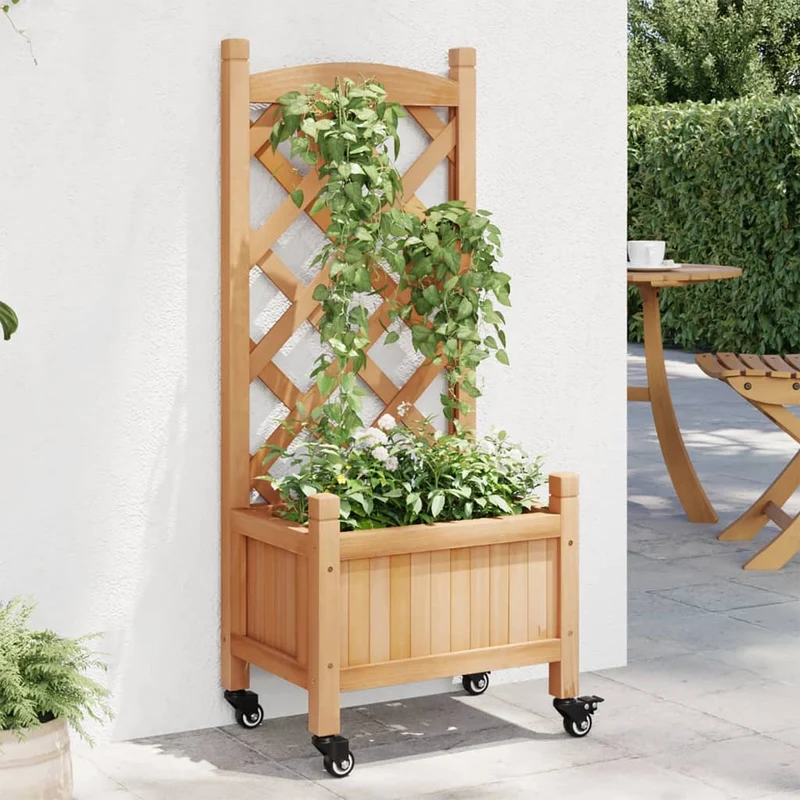 Jardinera Con Enrejado Y Ruedas Madera Maciza De Abeto Marrón