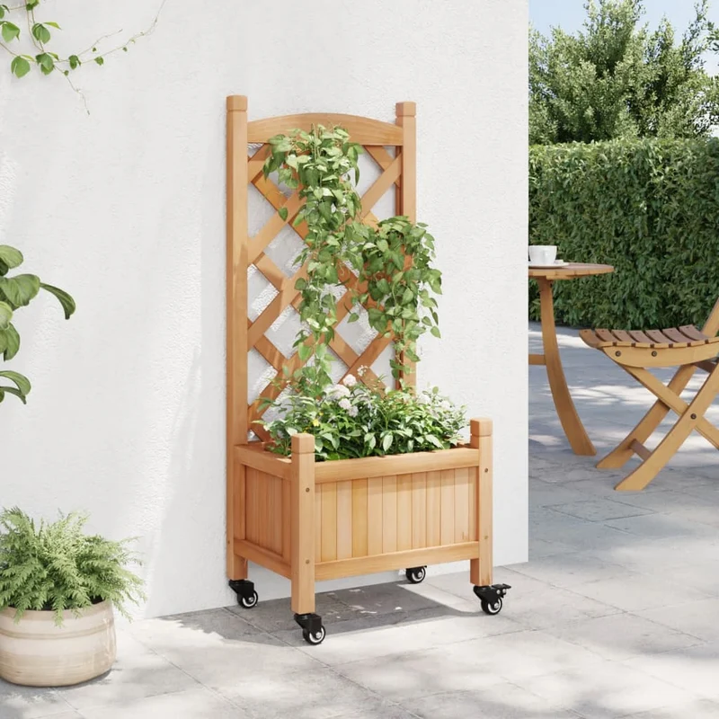 Jardinera Con Enrejado Y Ruedas Madera Maciza De Abeto Marrón