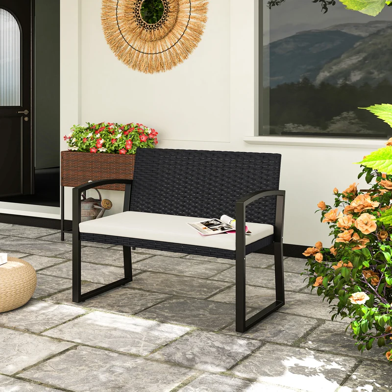 Outsunny Banco De Jardín De Ratán Sintético De 2 Plazas 103x58x78 Cm Negro Beige