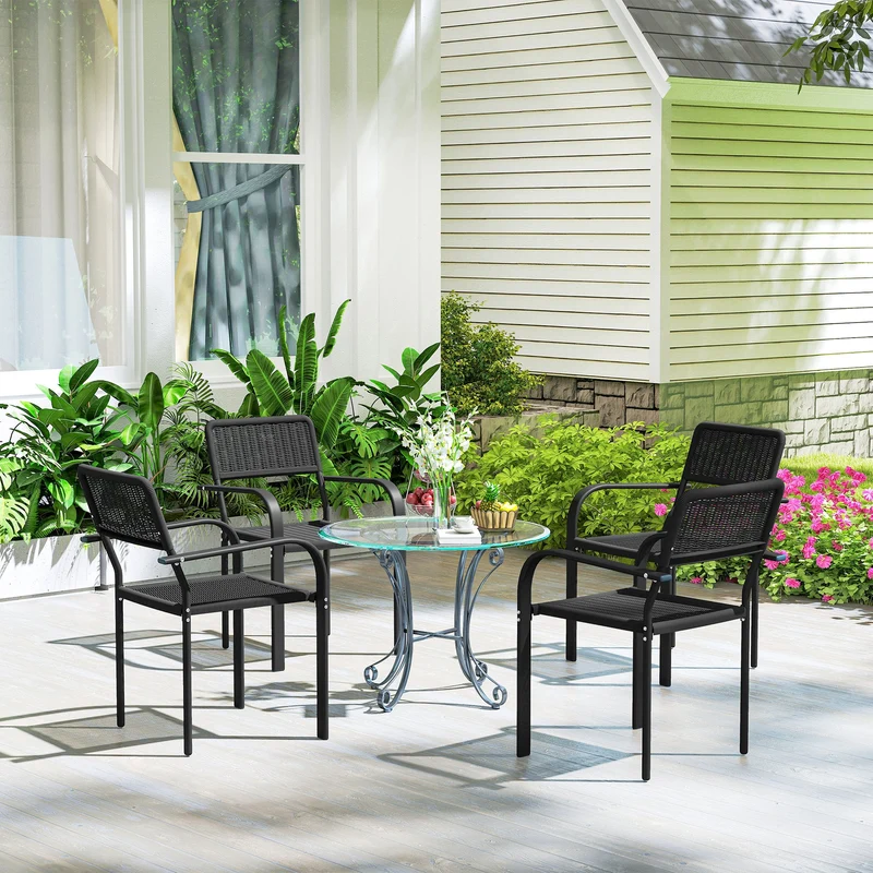 Outsunny Juego De 4 Sillas De Jardín Exterior Apilables 55x60x83 Cm Negro