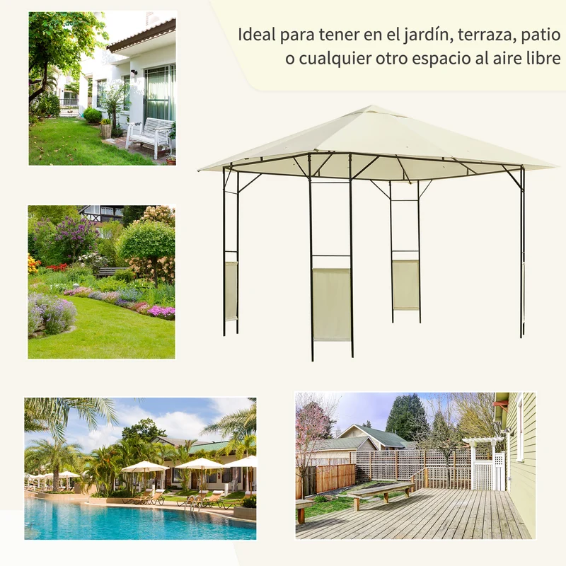 Outsunny Carpa 2,97x2,97x2,6m Cenador Con Acero Y Paravientos Laterales Crema