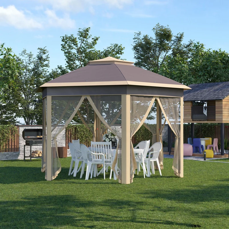 Outsunny Carpa Plegable Hexagonal 4,05x3,4x2,85 M Con Doble Techo Beige