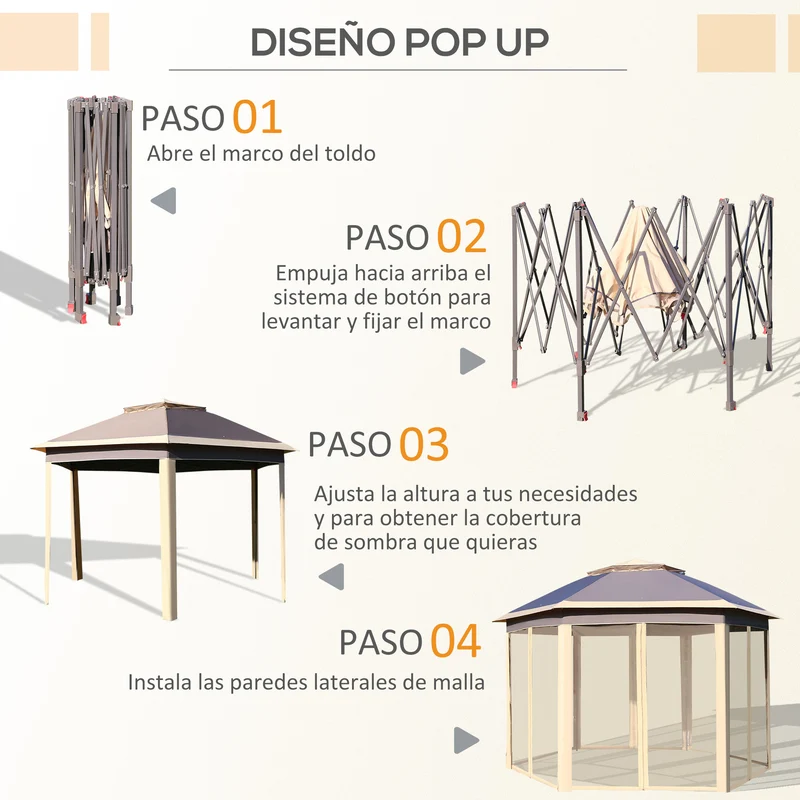 Outsunny Carpa Plegable Hexagonal 4,05x3,4x2,85 M Con Doble Techo Beige