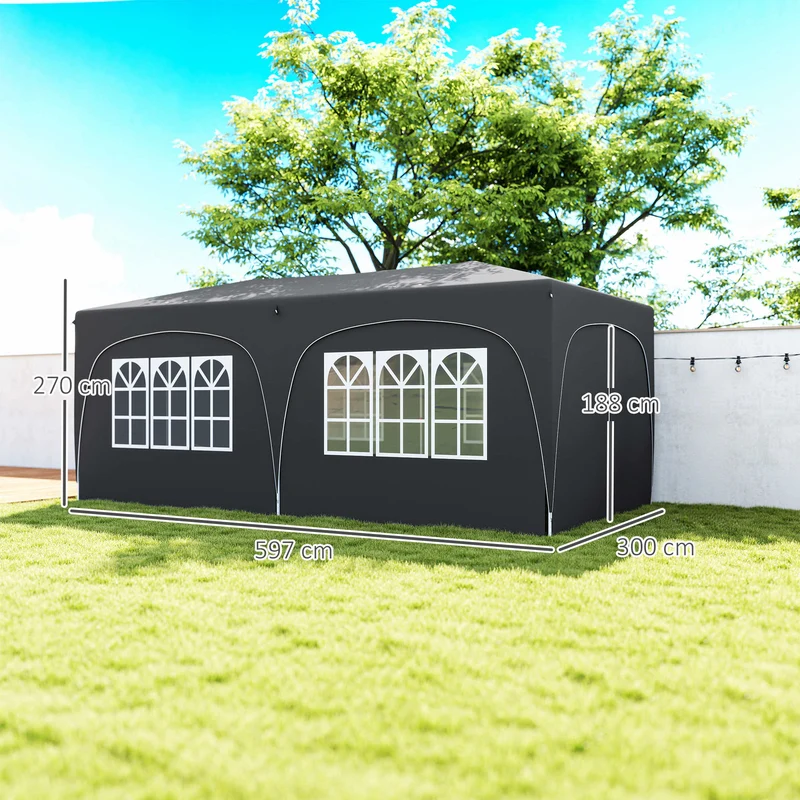 Outsunny Carpa Plegable Gazebo 6x3 M Con 6 Paredes Laterales Gris Oscuro