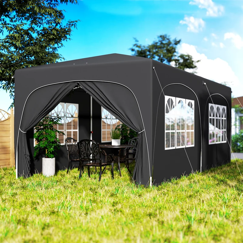 Outsunny Carpa Plegable Gazebo 6x3 M Con 6 Paredes Laterales Gris Oscuro