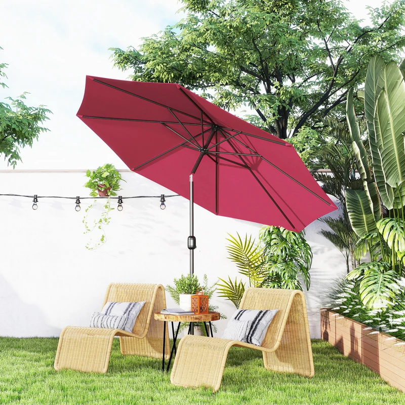 Outsunny Sombrilla de Jardín Ø295x250 cm con Manivela Parasol Exterior con Mecanismo de Inclinación y Poste Desmontable de Metal para Terraza Piscina Patio Vino Tinto