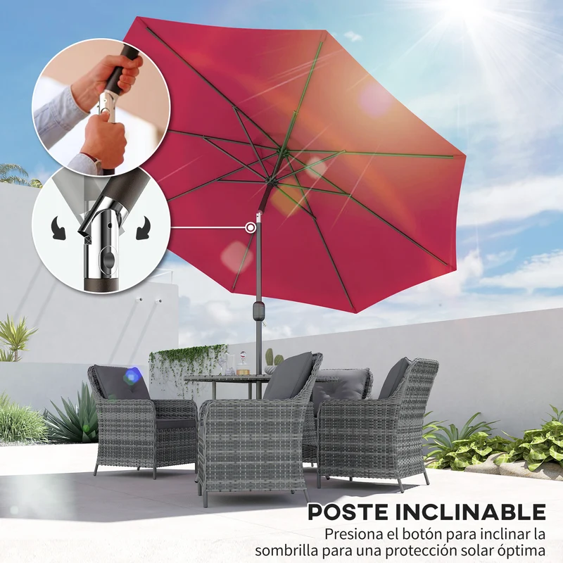 Outsunny Sombrilla de Jardín Ø295x250 cm con Manivela Parasol Exterior con Mecanismo de Inclinación y Poste Desmontable de Metal para Terraza Piscina Patio Vino Tinto