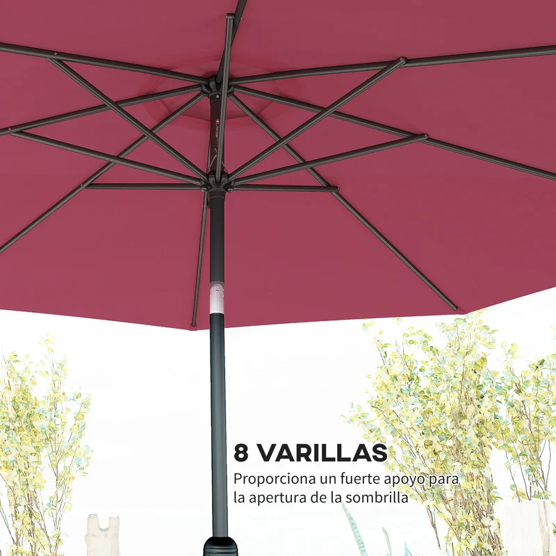 Outsunny Sombrilla de Jardín Ø295x250 cm con Manivela Parasol Exterior con Mecanismo de Inclinación y Poste Desmontable de Metal para Terraza Piscina Patio Vino Tinto
