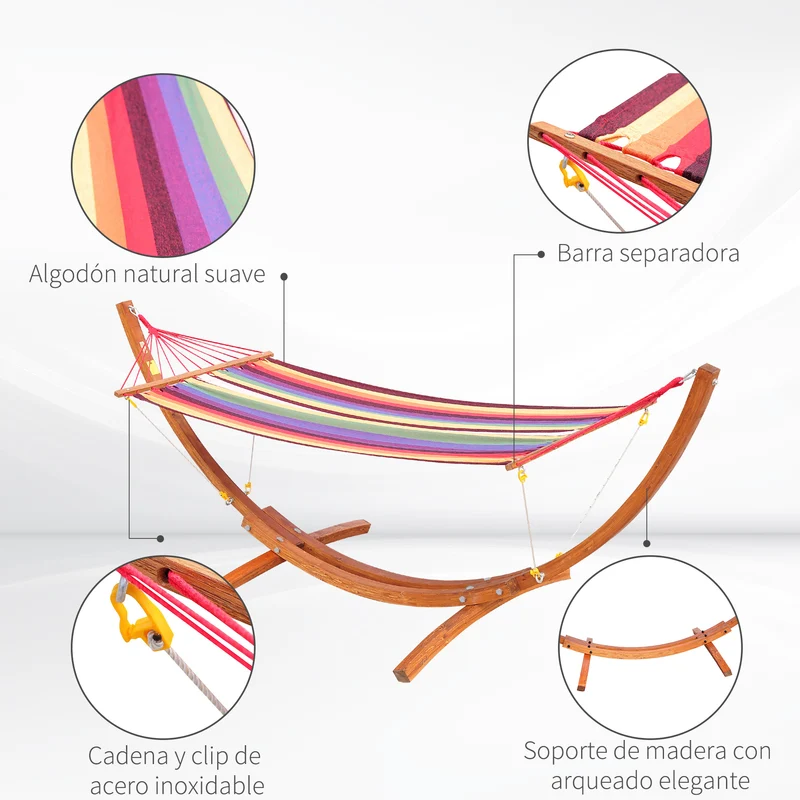 Outsunny Hamaca Tumbona 320x118x120cm Playa Camping Marco Madera Carga Max. 120kg Rojo