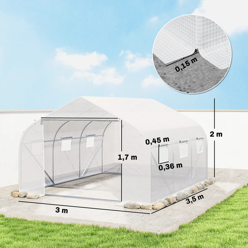 Outsunny Invernadero de Exterior Invernadero de Túnel 445x300x205 cm Invernadero de Jardín con 6 Ventanas y Cubierta de Polietileno PE 140 g/m² para Plantas Flores Verduras en Patio Blanco
