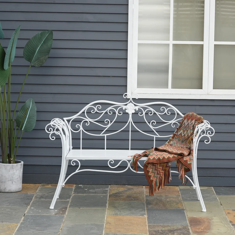 Outsunny Banco de Jardín con Respaldo de 2 Plazas 131x51x90 cm Asiento de Patio para Exterior Porche Parque en Hierro Fundido Carga 250 kg Color Blanco