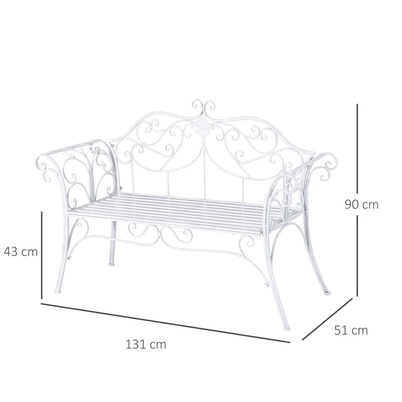 Outsunny Banco de Jardín con Respaldo de 2 Plazas 131x51x90 cm Asiento de Patio para Exterior Porche Parque en Hierro Fundido Carga 250 kg Color Blanco