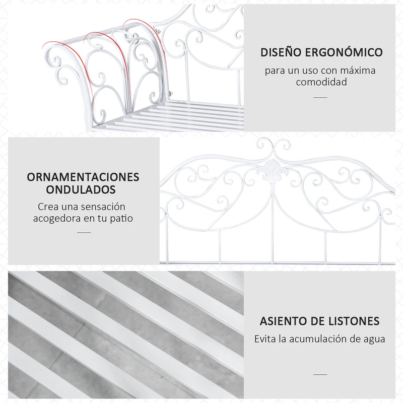 Outsunny Banco de Jardín con Respaldo de 2 Plazas 131x51x90 cm Asiento de Patio para Exterior Porche Parque en Hierro Fundido Carga 250 kg Color Blanco