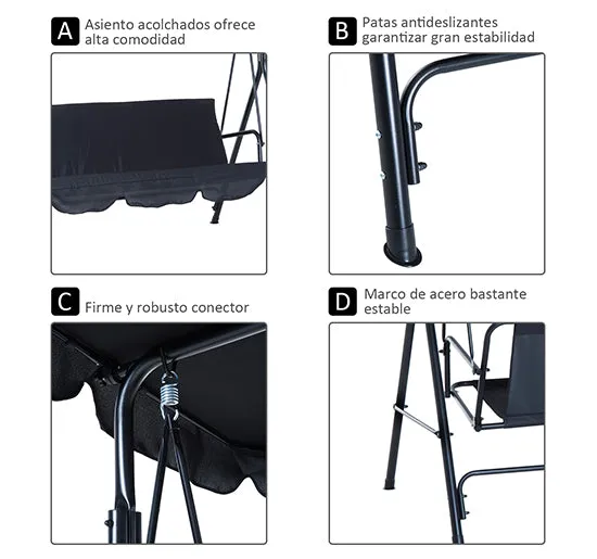 Outsunny Columpio de Jardín de 3 Plazas Silla Balancín con Parasol Techo Ajustable en Ángulo Impermeable para Exterior Terraza Balcón Carga Máx. 200 kg Acero 172x110x153 cm Negro