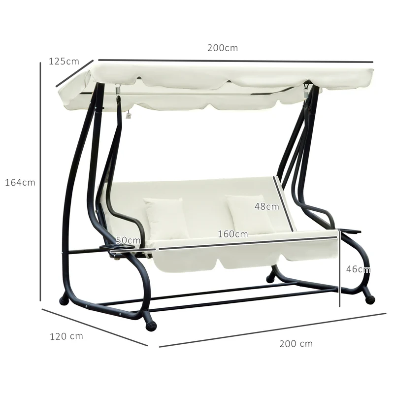 Outsunny Columpio Balancín Jardín 3 Plazas Convertible en Cama Techo Parasol Regulable Bandeja para Bebida Terrza Balcón Exterior Carga máx. 340kg Acero 200x120x164cm Beige