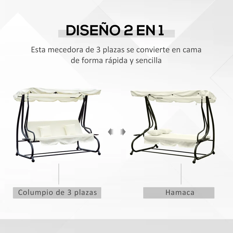 Outsunny Columpio Balancín Jardín 3 Plazas Convertible en Cama Techo Parasol Regulable Bandeja para Bebida Terrza Balcón Exterior Carga máx. 340kg Acero 200x120x164cm Beige