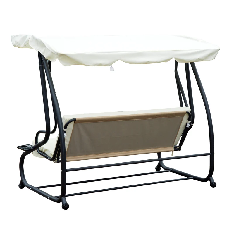 Outsunny Columpio Balancín Jardín 3 Plazas Convertible en Cama Techo Parasol Regulable Bandeja para Bebida Terrza Balcón Exterior Carga máx. 340kg Acero 200x120x164cm Beige