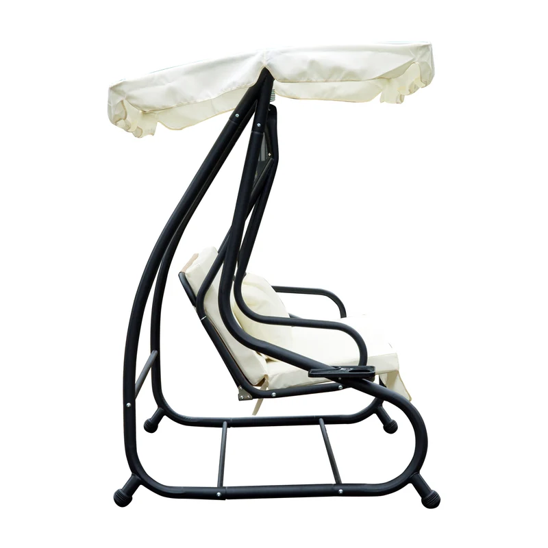 Outsunny Columpio Balancín Jardín 3 Plazas Convertible en Cama Techo Parasol Regulable Bandeja para Bebida Terrza Balcón Exterior Carga máx. 340kg Acero 200x120x164cm Beige