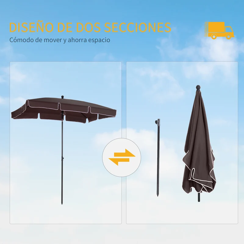 Outsunny Sombrilla de Jardín de Aluminio 198x130x245 cm Parasol de Jardín Rectangular con Función de Inclinación para Terraza Patio Exterior Café
