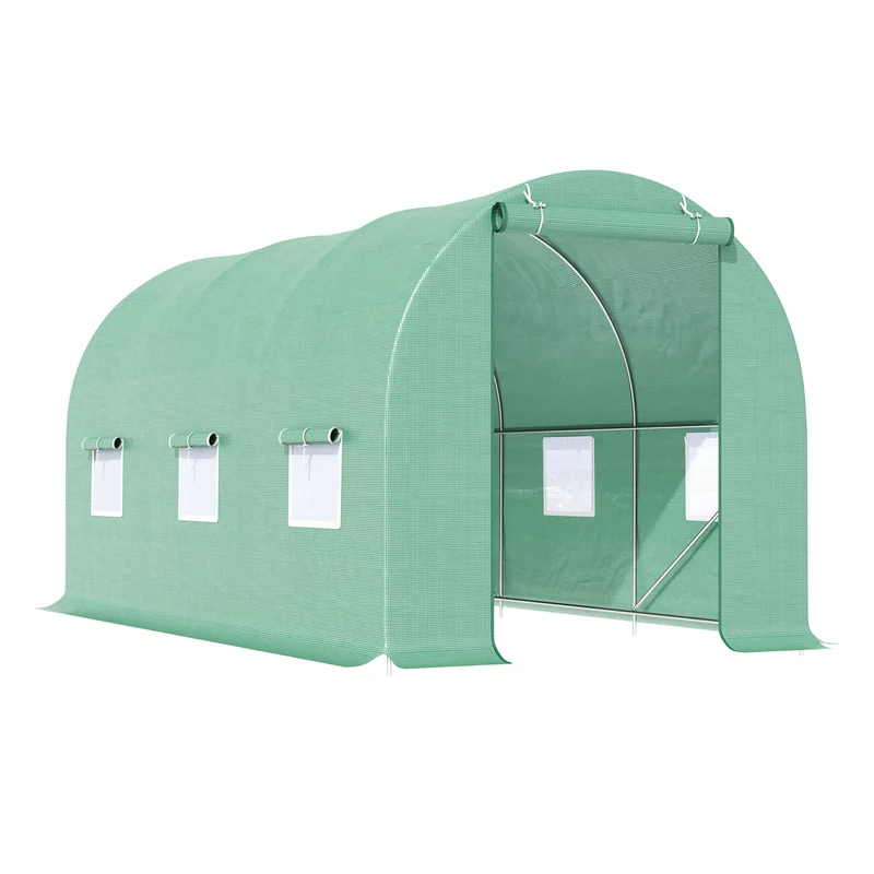 Outsunny Invernadero de Túnel 445x200x200 cm Invernadero de Jardín con 6 Ventanas 1 Puerta y Cubierta de Polietileno PE 140 g/m² para Cultivar Plantas Verduras Frutas en Terraza Patio Verde