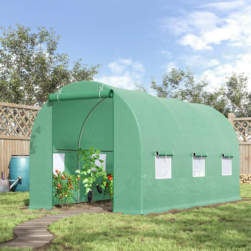 Outsunny Invernadero de Túnel 445x200x200 cm Invernadero de Jardín con 6 Ventanas 1 Puerta y Cubierta de Polietileno PE 140 g/m² para Cultivar Plantas Verduras Frutas en Terraza Patio Verde