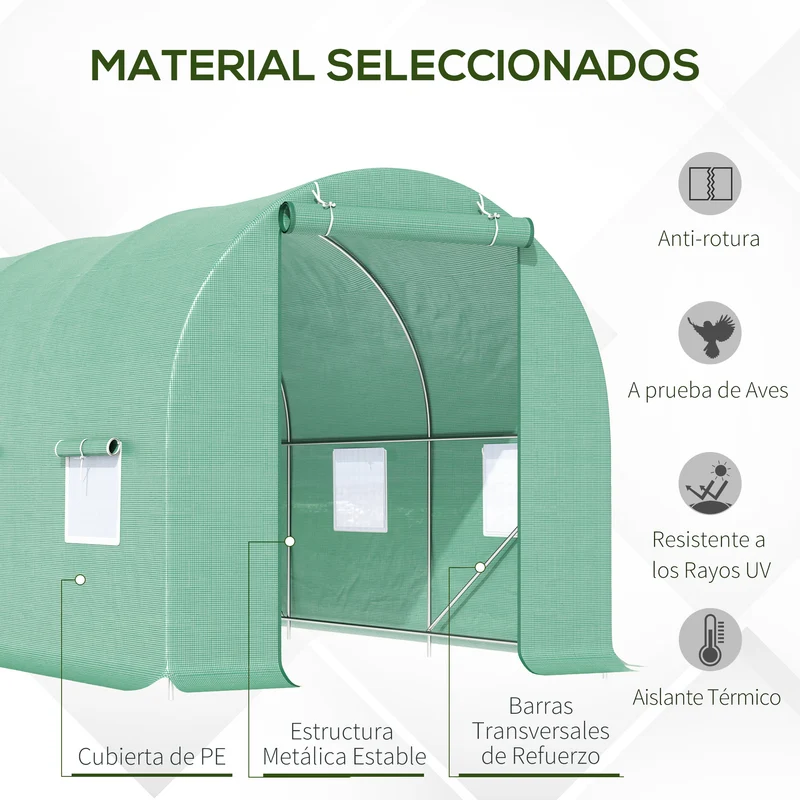 Outsunny Invernadero de Túnel 445x200x200 cm Invernadero de Jardín con 6 Ventanas 1 Puerta y Cubierta de Polietileno PE 140 g/m² para Cultivar Plantas Verduras Frutas en Terraza Patio Verde