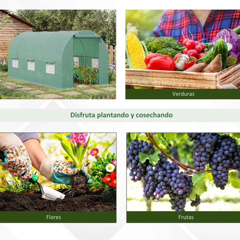 Outsunny Invernadero de Túnel 445x200x200 cm Invernadero de Jardín con 6 Ventanas 1 Puerta y Cubierta de Polietileno PE 140 g/m² para Cultivar Plantas Verduras Frutas en Terraza Patio Verde