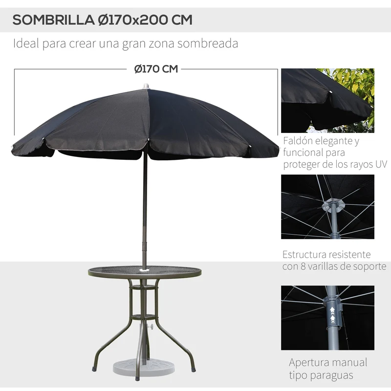 Outsunny Conjunto de Muebles para Jardín con 4 Sillas 1 Mesa y 1 Parasol Texteline Aluminio y Poliéster Negro