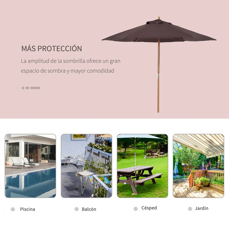 Outsunny Sombrilla de Jardín Ø250x230 cm Parasol de Terraza con 6 Varillas Poste Desmontable Anti-UV Impermeable y Marco de Madera para Playa Patio Café