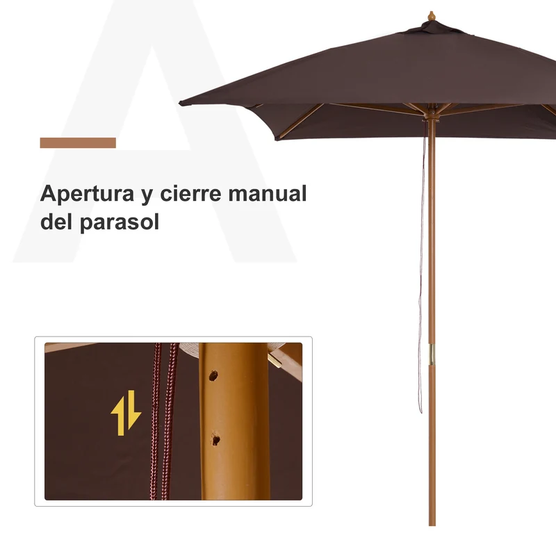 Outsunny Sombrilla Terraza Exterior 295x200 cm con Mástil de Madera Varillas de Bambú y Polea Parasol de Jardín Rectangular Impermeable para Patio o Terraza Estilo Clásico Café
