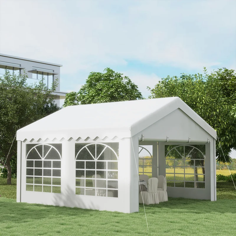 Outsunny Carpa para Fiesta Cochera Gazebo 4x4m Pergola Cenador Pabellón 4 Paneles Laterales 6 Ventanas Anti-UV para Eventos Bodas Acero PE Blanco