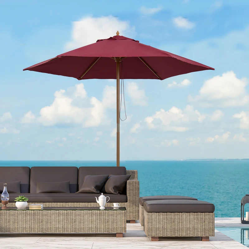Outsunny Sombrilla de Jardín Ø250x230 cm Parasol de Terraza con 6 Varillas Poste Desmontable Anti-UV Impermeable y Marco de Madera para Playa Patio Rojo Vino