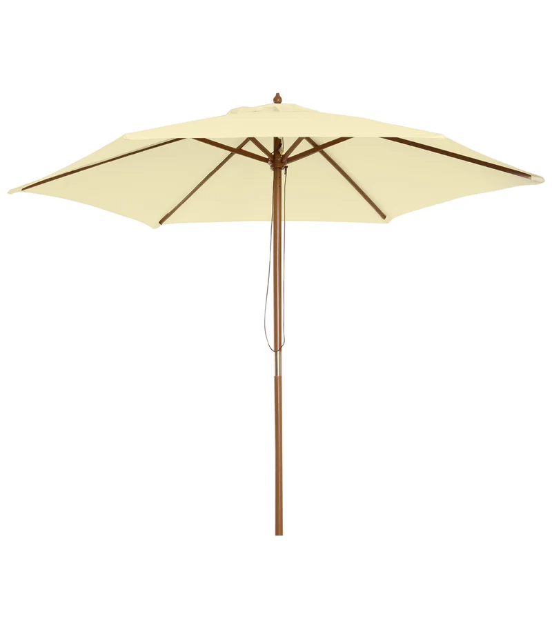 Outsunny Sombrilla de Jardín Ø250x230 cm Parasol de Terraza con 6 Varillas Poste Desmontable Anti-UV Impermeable y Marco de Madera para Playa Patio Crema