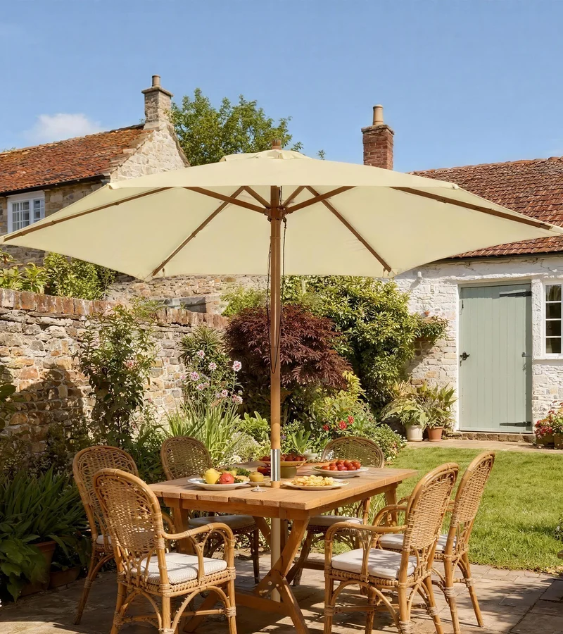 Outsunny Sombrilla de Jardín Ø250x230 cm Parasol de Terraza con 6 Varillas Poste Desmontable Anti-UV Impermeable y Marco de Madera para Playa Patio Crema