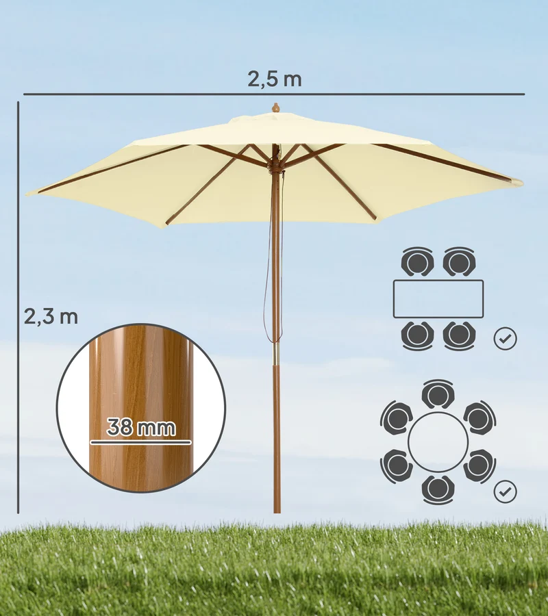 Outsunny Sombrilla de Jardín Ø250x230 cm Parasol de Terraza con 6 Varillas Poste Desmontable Anti-UV Impermeable y Marco de Madera para Playa Patio Crema