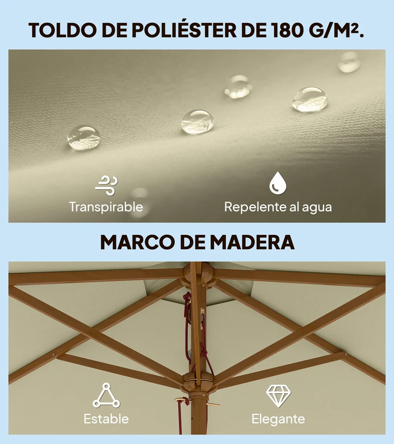 Outsunny Sombrilla de Jardín Ø250x230 cm Parasol de Terraza con 6 Varillas Poste Desmontable Anti-UV Impermeable y Marco de Madera para Playa Patio Crema