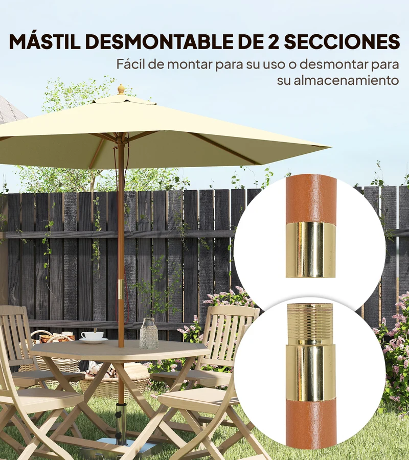 Outsunny Sombrilla de Jardín Ø250x230 cm Parasol de Terraza con 6 Varillas Poste Desmontable Anti-UV Impermeable y Marco de Madera para Playa Patio Crema