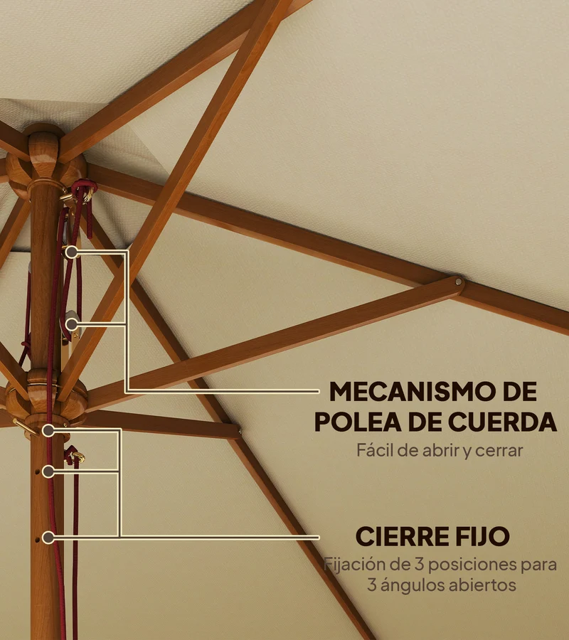 Outsunny Sombrilla de Jardín Ø250x230 cm Parasol de Terraza con 6 Varillas Poste Desmontable Anti-UV Impermeable y Marco de Madera para Playa Patio Crema