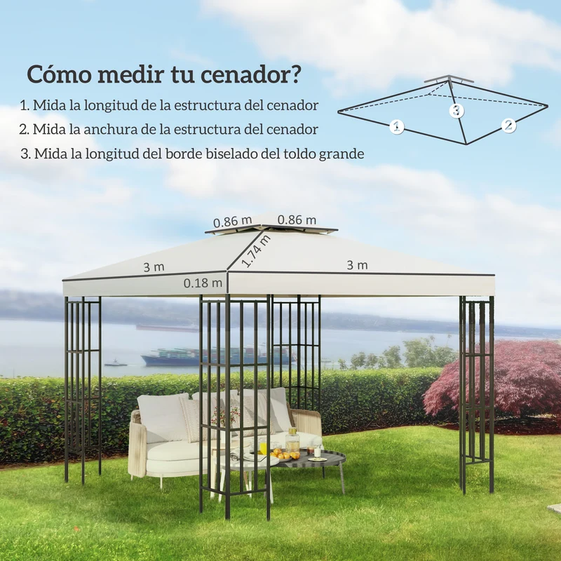 Outsunny Techo de Repuesto para Cenador, 3x3 m, Cubierta de Repuesto con Techo Doble, 8 Orificios de Drenaje y Protección UV, SOLO Toldo de Recambio para Pabellón Gazebo, Crema