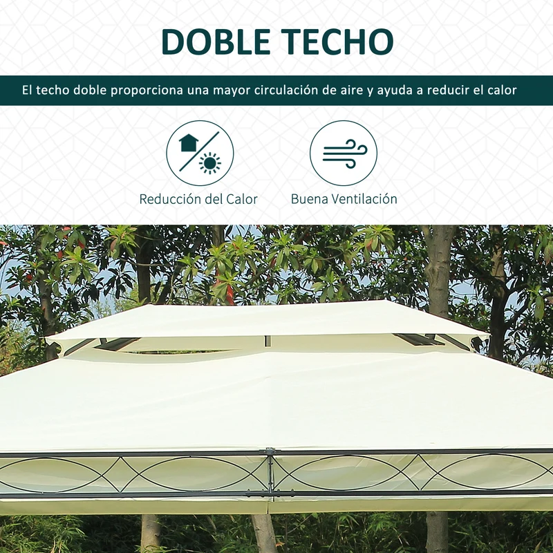 Outsunny Cenador de Jardín 4x3m Pabellón con Techo Doble Transpirable y 4 Cortinas Laterales Extraíbles Carpa de Acero Anti-UV Gazebo para Fiestas Bodas Eventos al Aire Libre Crema